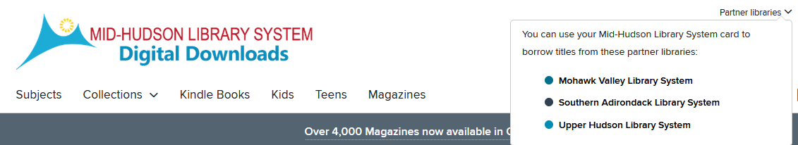 Screenshot of OverDrive website banner displaying partner libraries