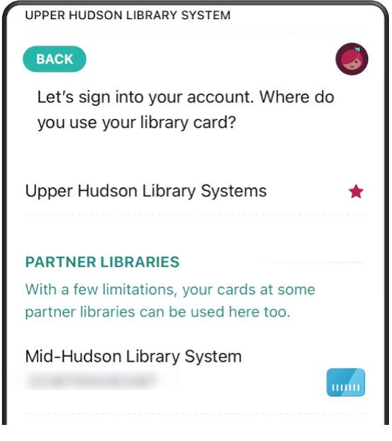 Screenshot of Libby app showing "Mid-Hudson Library System" as a partner library