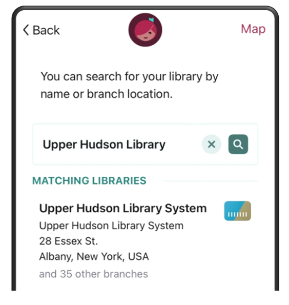 Screenshot of Libby app with a search for "Upper Hudson Library"