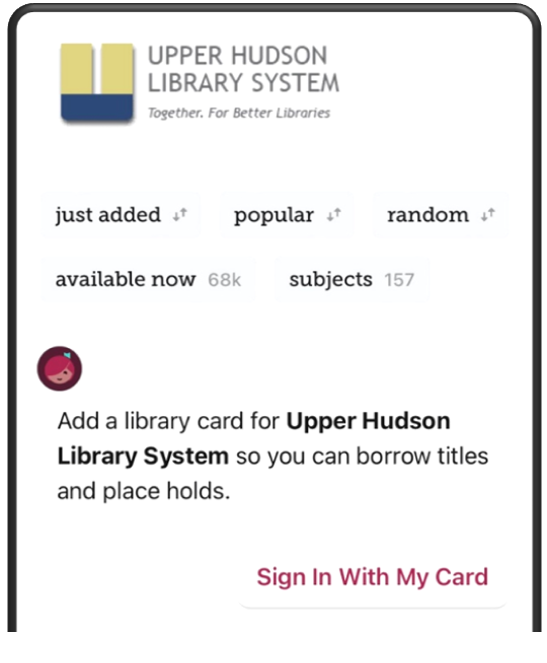 Screenshot of Libby app showing "Sign in with my card" link on Upper Hudson Library system site