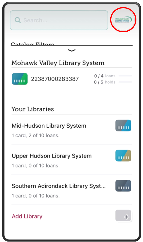 Screenshot of Libby app showing icon of current library collection and a list of other libraries available to choose from.