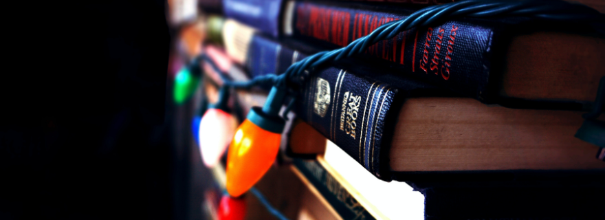 Book spines and colorful lights