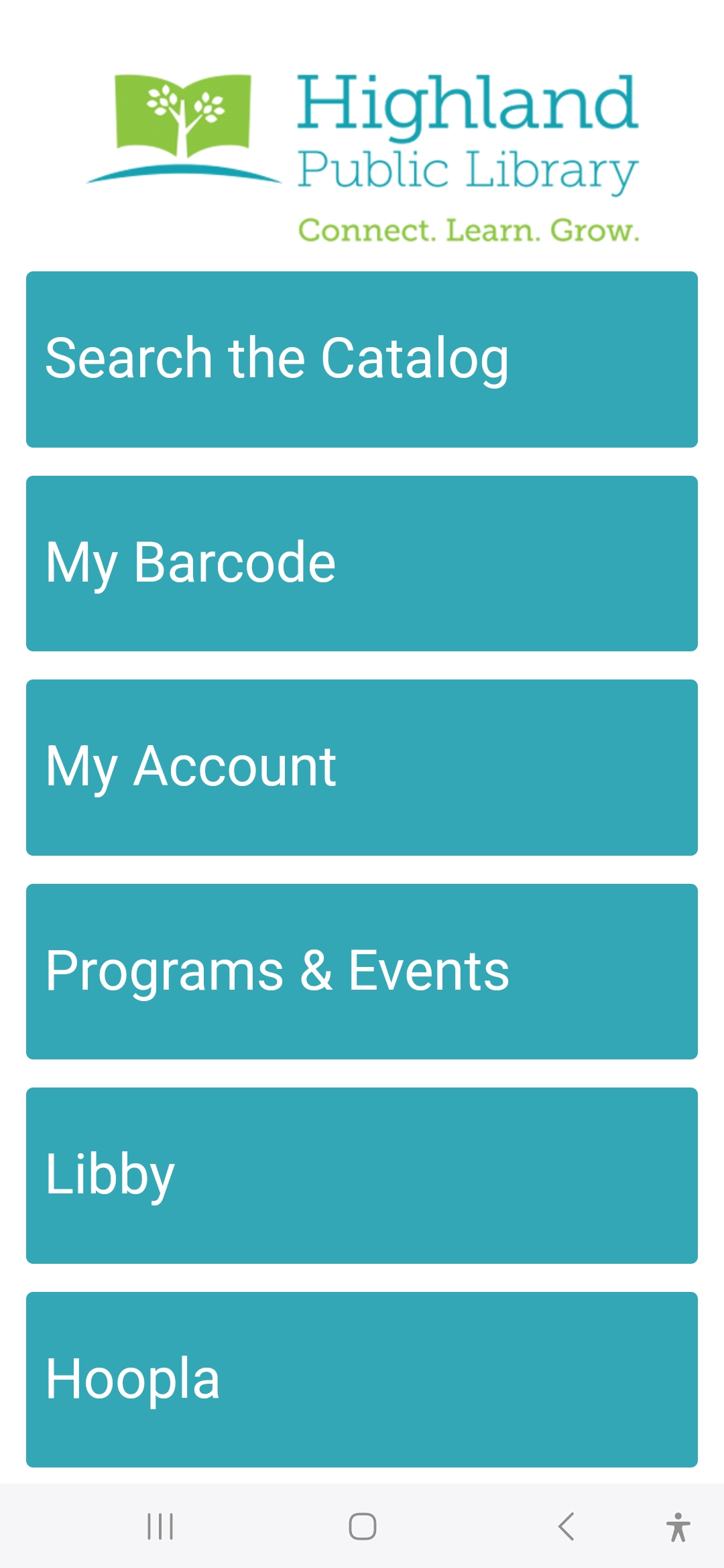 Screenshot of the Highland Library app template with large text and no icons.